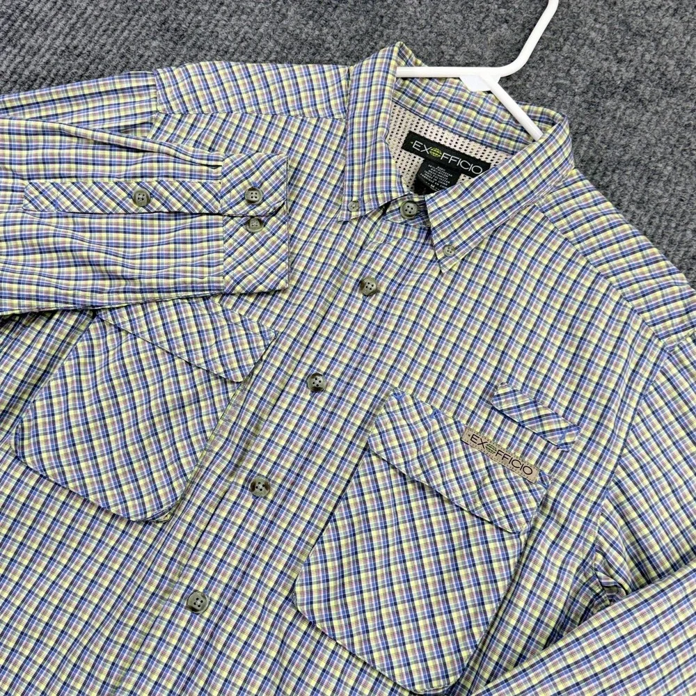 ExOfficio Shirt Mens Medium Blue Plaid Vented Back Fishing Button Up Travel